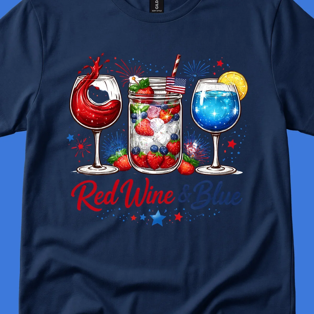 A patriotic design with a glass of red wine, a mason jar with strawberries and blueberries, and a blue drink. Fireworks and stars accent the red-wine-blue-drinks theme.