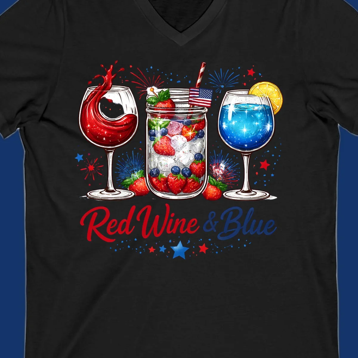A patriotic design with a glass of red wine, a mason jar with strawberries and blueberries, and a blue drink. Fireworks and stars accent the red-wine-blue-drinks theme.