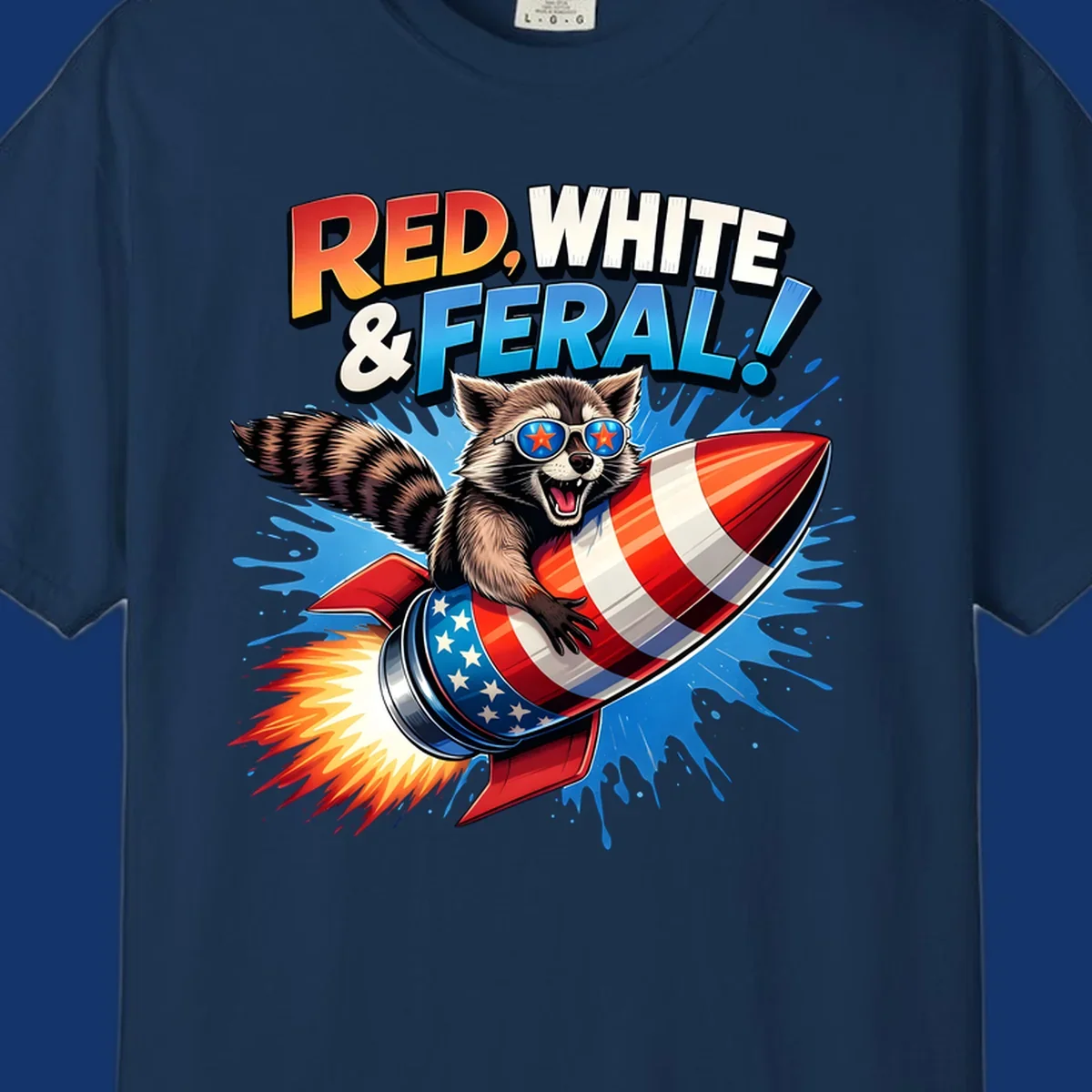 Illustration of a raccoon in star sunglasses riding an American flag rocket with the text 'RED, WHITE & FERAL!'