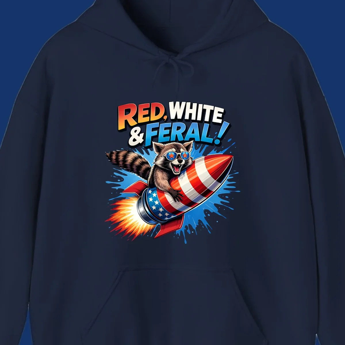 Illustration of a raccoon in star sunglasses riding an American flag rocket with the text 'RED, WHITE & FERAL!'