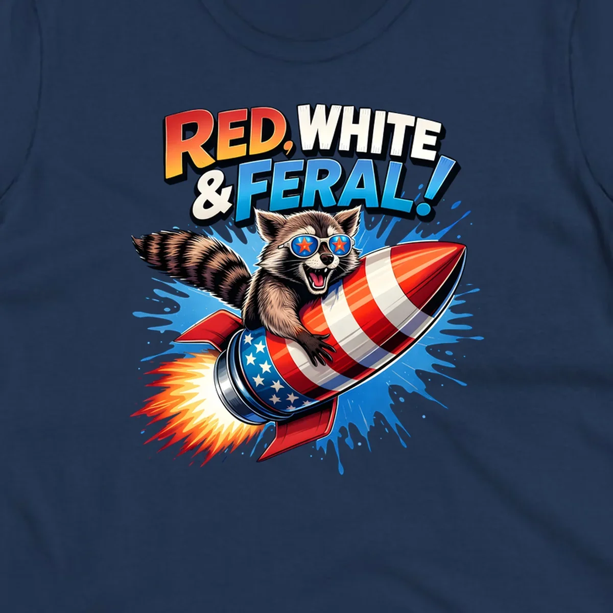 Illustration of a raccoon in star sunglasses riding an American flag rocket with the text 'RED, WHITE & FERAL!'