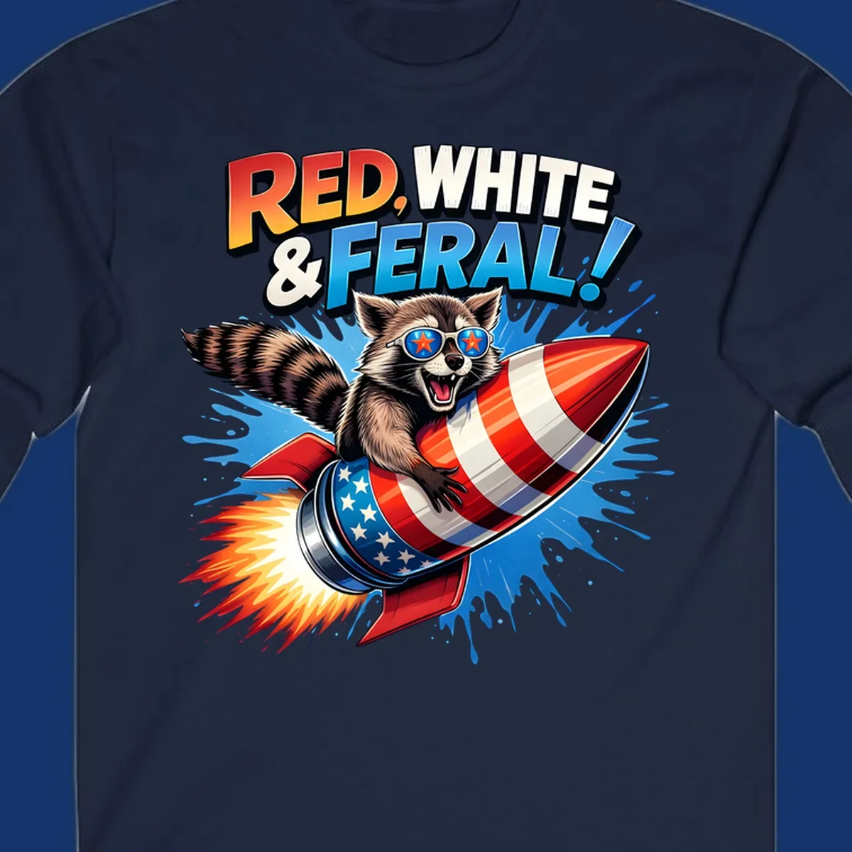 Illustration of a raccoon in star sunglasses riding an American flag rocket with the text 'RED, WHITE & FERAL!'