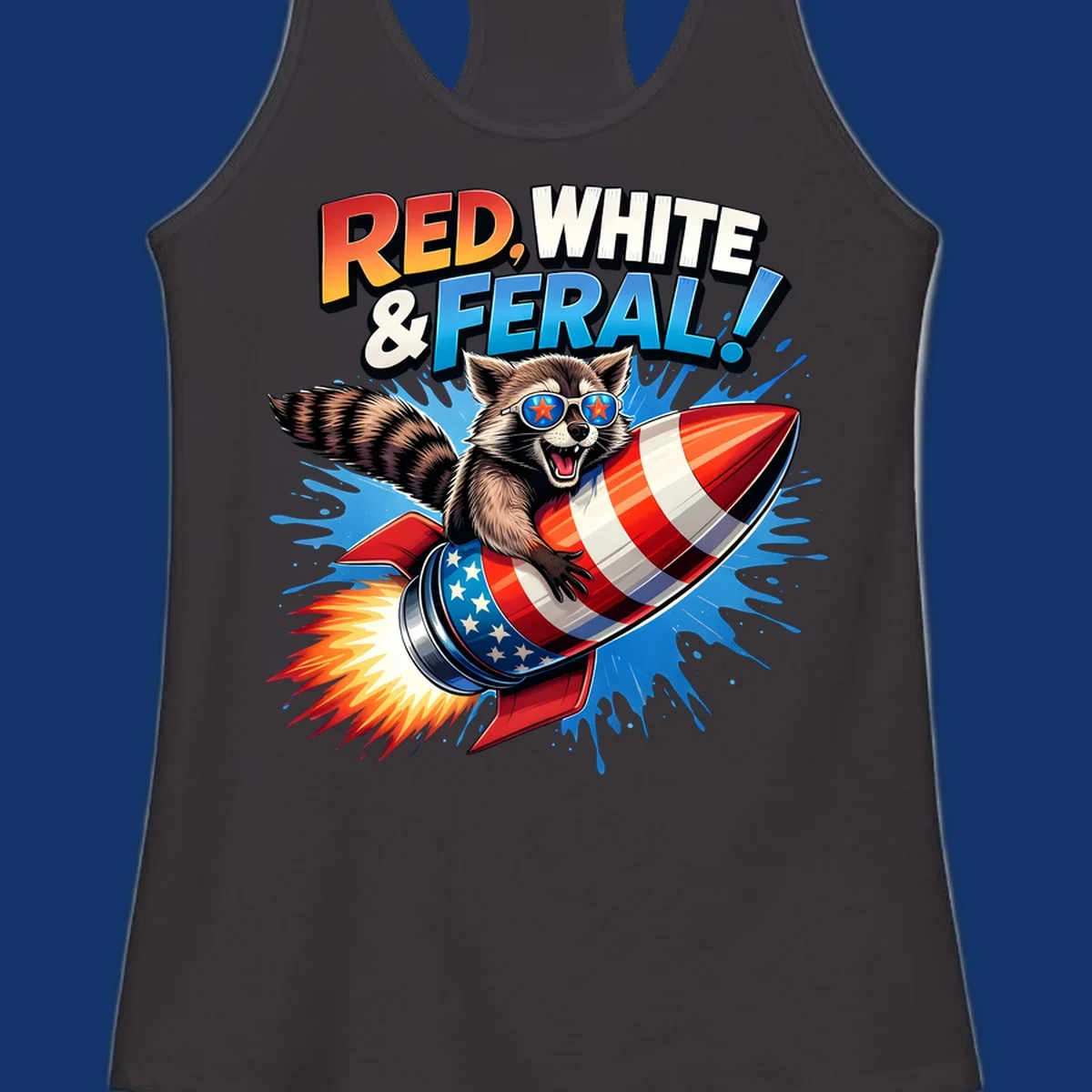 Illustration of a raccoon in star sunglasses riding an American flag rocket with the text 'RED, WHITE & FERAL!'