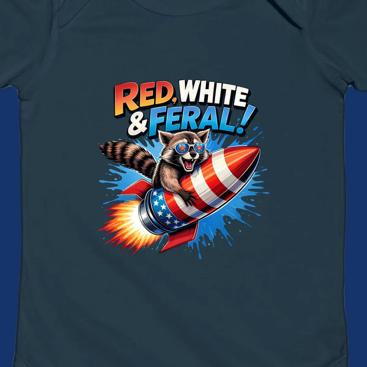 Illustration of a raccoon in star sunglasses riding an American flag rocket with the text 'RED, WHITE & FERAL!'