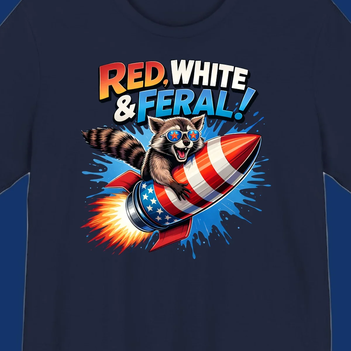Illustration of a raccoon in star sunglasses riding an American flag rocket with the text 'RED, WHITE & FERAL!'