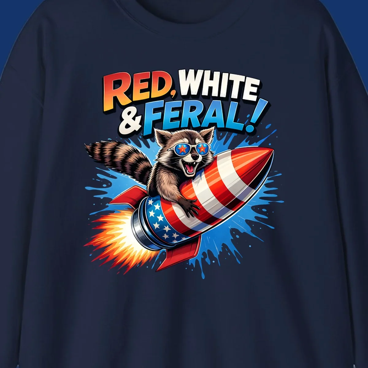 Illustration of a raccoon in star sunglasses riding an American flag rocket with the text 'RED, WHITE & FERAL!'