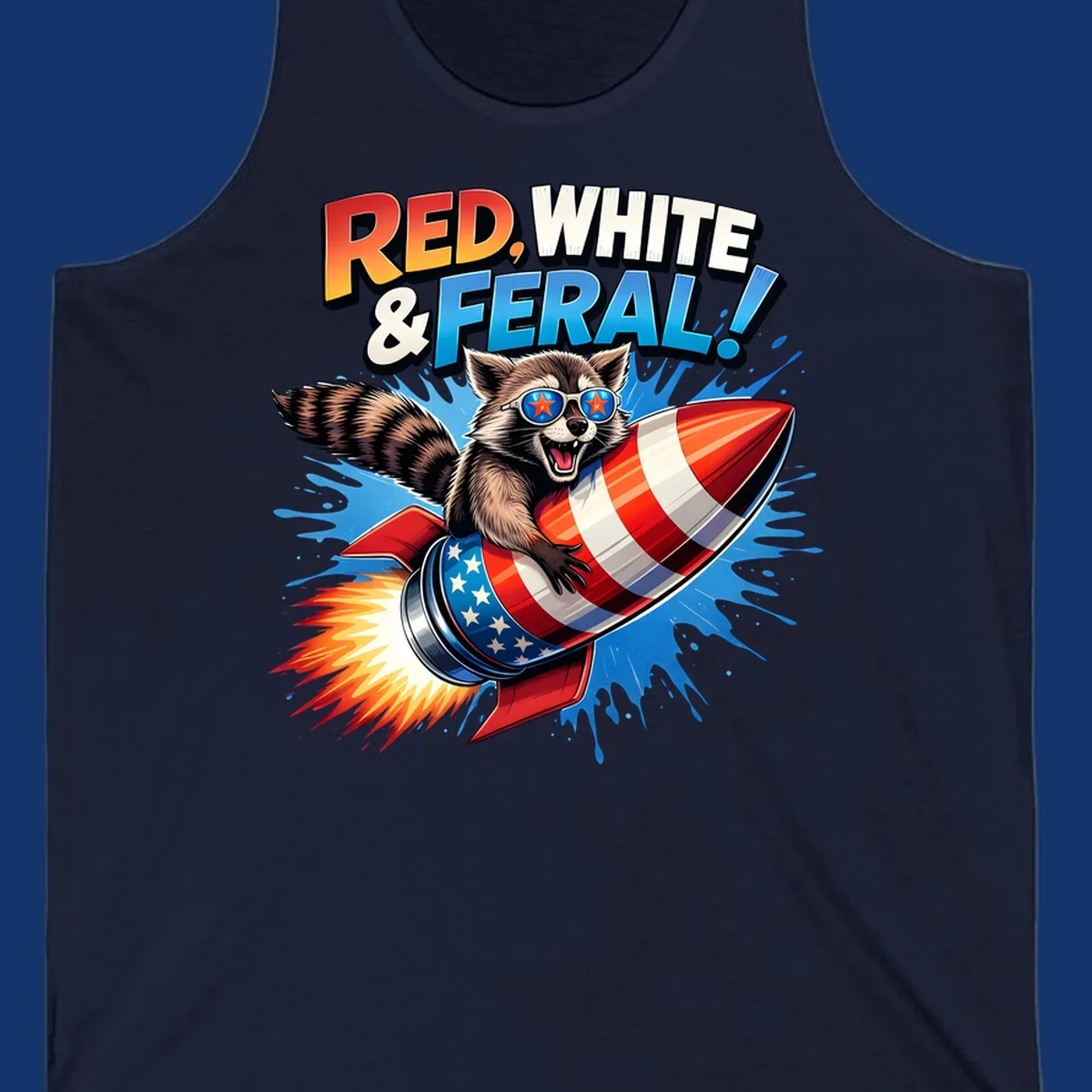 Illustration of a raccoon in star sunglasses riding an American flag rocket with the text 'RED, WHITE & FERAL!'