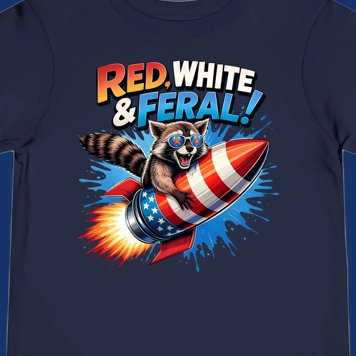 Illustration of a raccoon in star sunglasses riding an American flag rocket with the text 'RED, WHITE & FERAL!'