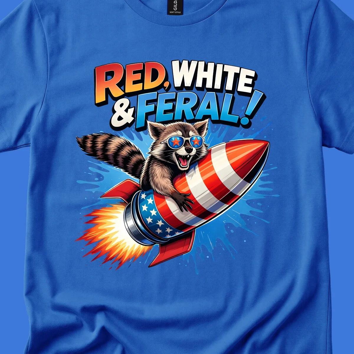 Illustration of a raccoon in star sunglasses riding an American flag rocket with the text 'RED, WHITE & FERAL!'