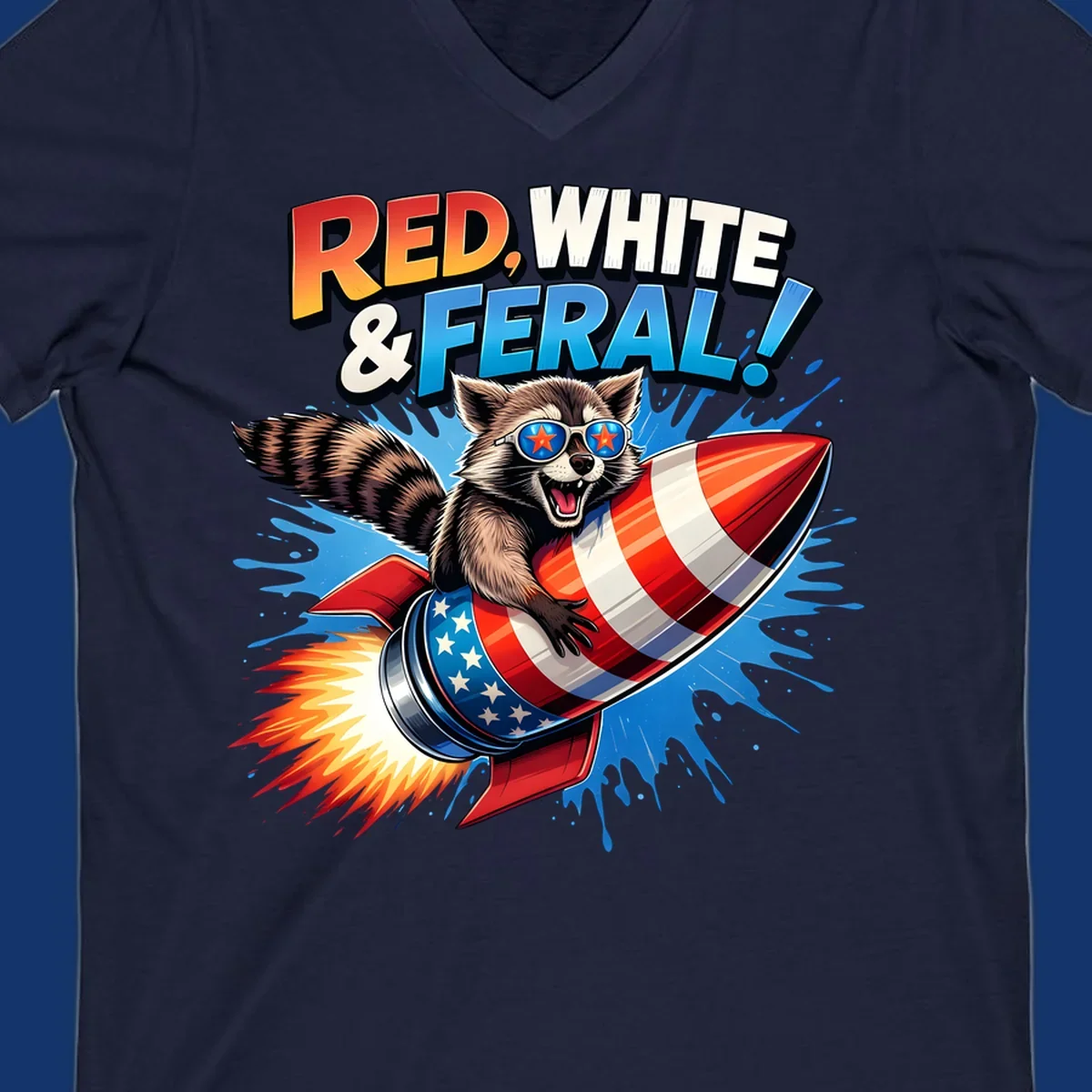 Illustration of a raccoon in star sunglasses riding an American flag rocket with the text 'RED, WHITE & FERAL!'