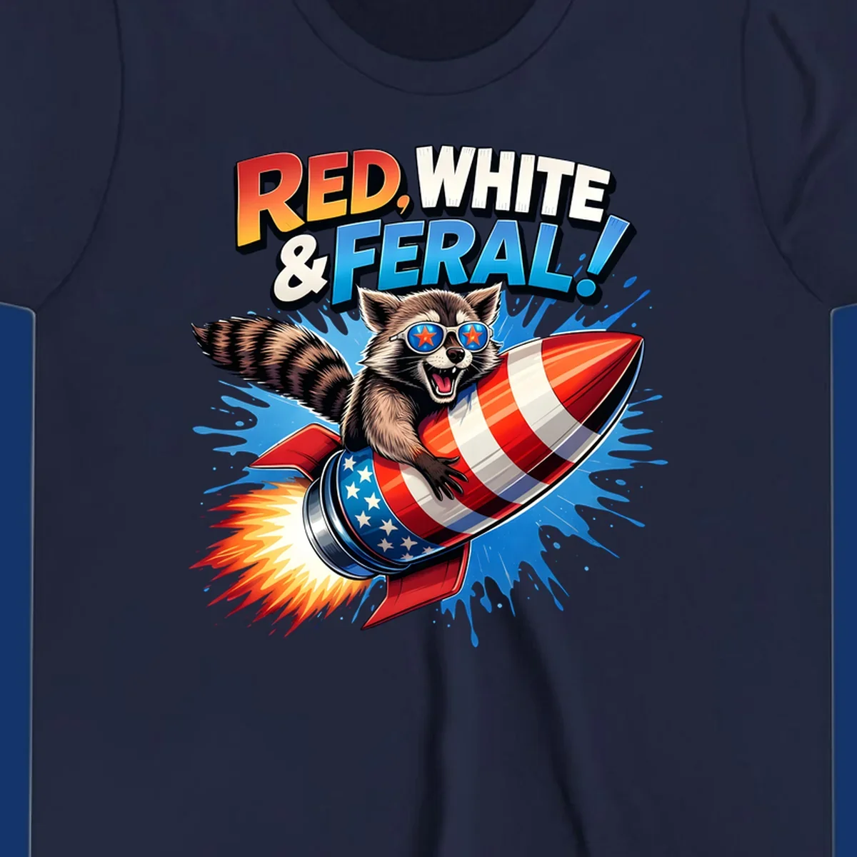 Illustration of a raccoon in star sunglasses riding an American flag rocket with the text 'RED, WHITE & FERAL!'