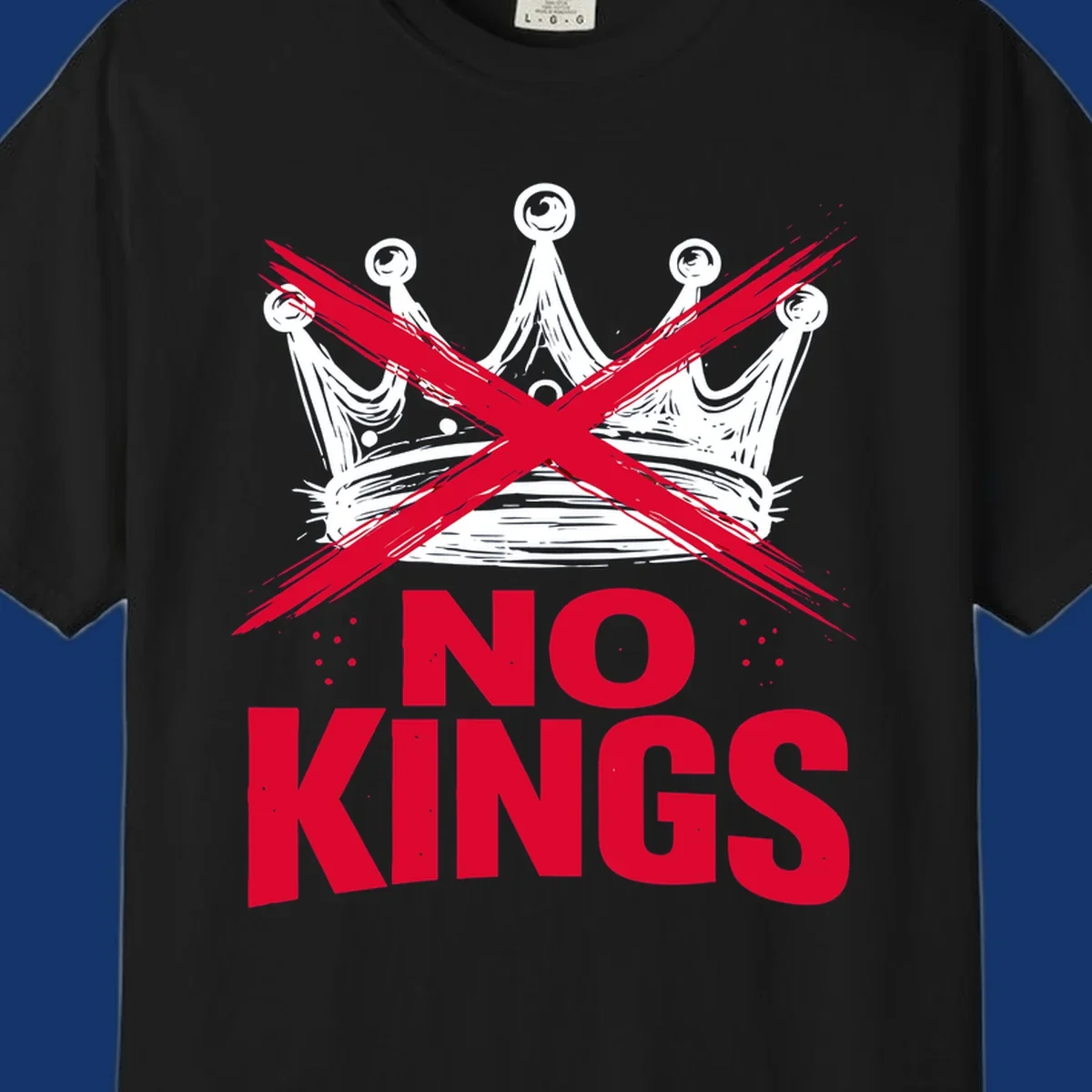 A distressed white or blue crown with a red X over it and the red text 'NO KINGS' below, representing the no-kings-crown-crossed concept.