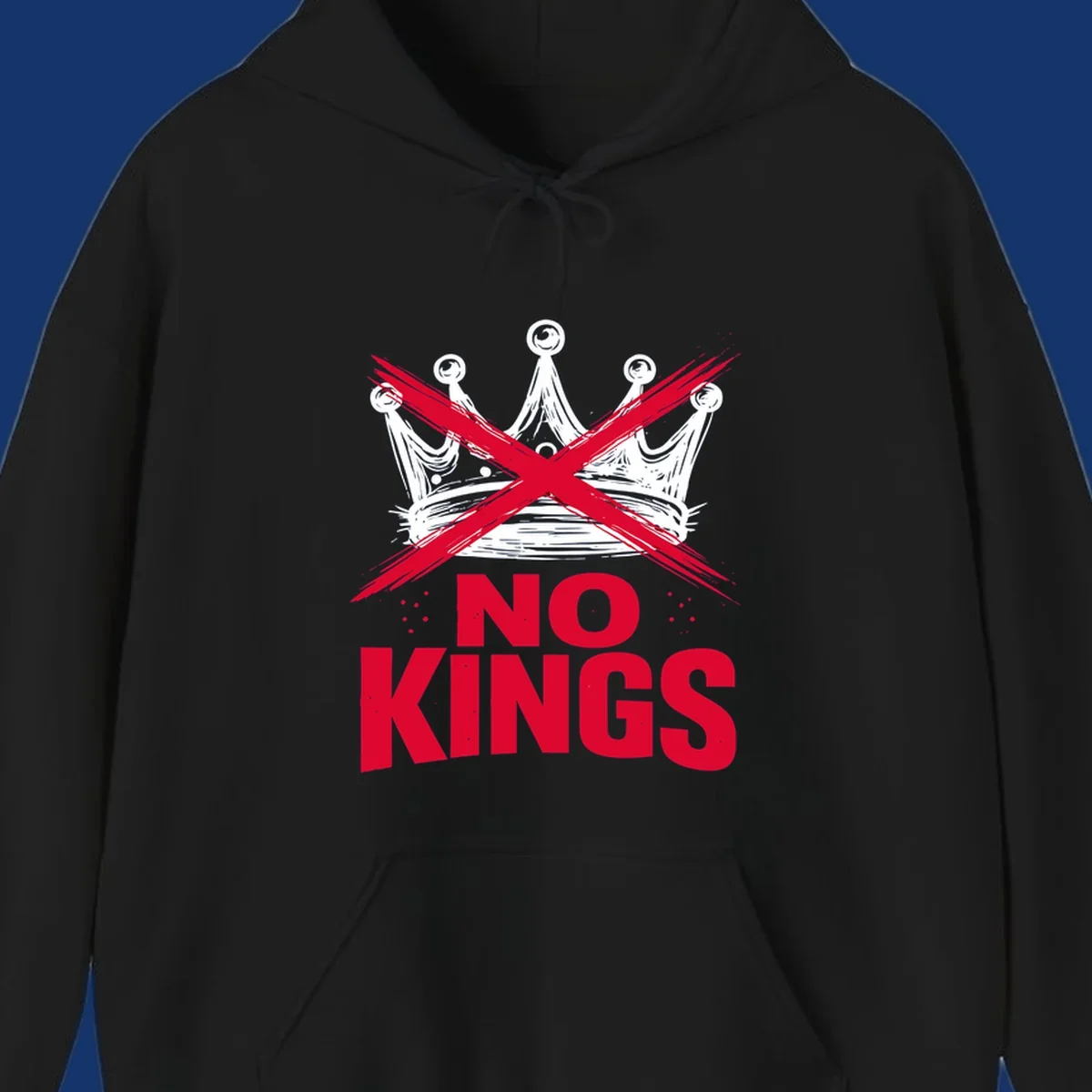 A distressed white or blue crown with a red X over it and the red text 'NO KINGS' below, representing the no-kings-crown-crossed concept.