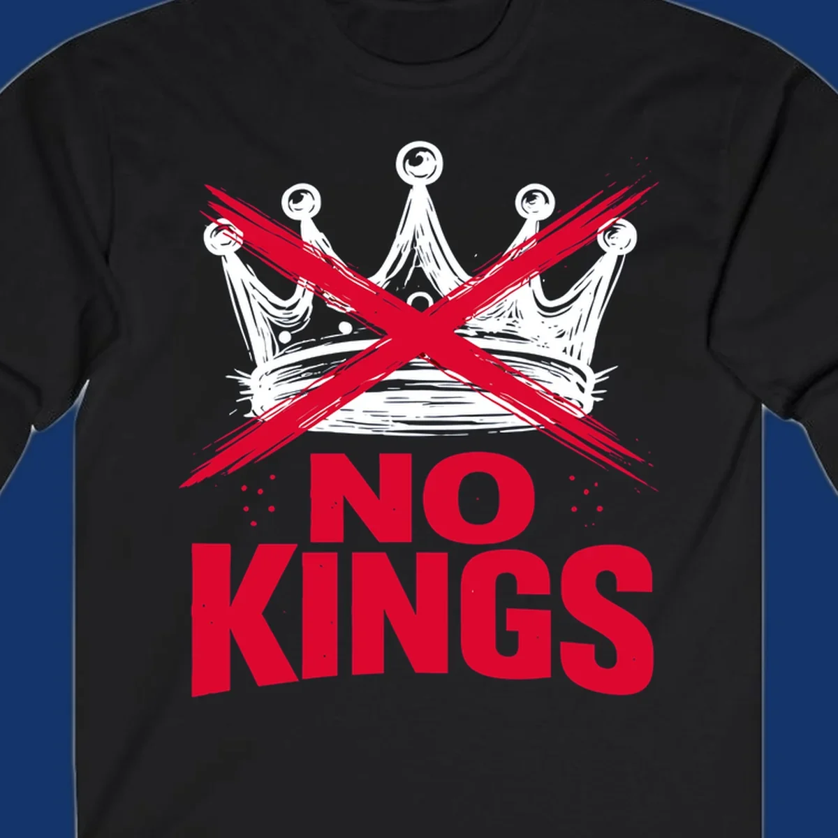 A distressed white or blue crown with a red X over it and the red text 'NO KINGS' below, representing the no-kings-crown-crossed concept.