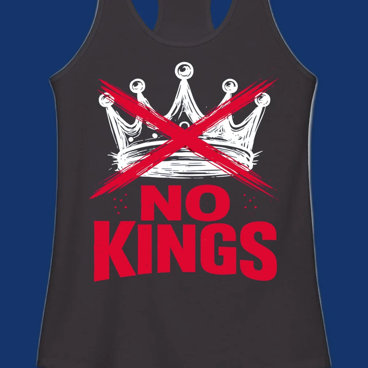 A distressed white or blue crown with a red X over it and the red text 'NO KINGS' below, representing the no-kings-crown-crossed concept.