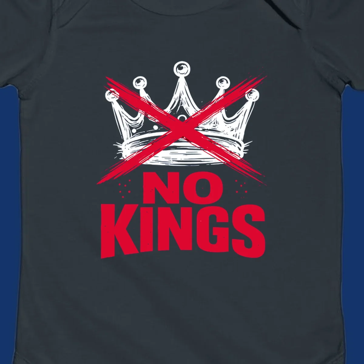 A distressed white or blue crown with a red X over it and the red text 'NO KINGS' below, representing the no-kings-crown-crossed concept.