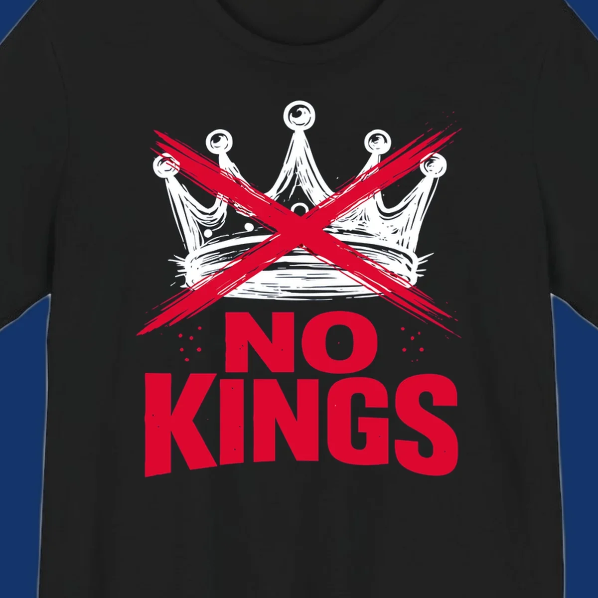 A distressed white or blue crown with a red X over it and the red text 'NO KINGS' below, representing the no-kings-crown-crossed concept.