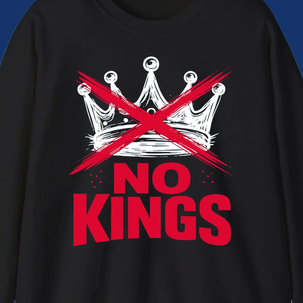 A distressed white or blue crown with a red X over it and the red text 'NO KINGS' below, representing the no-kings-crown-crossed concept.
