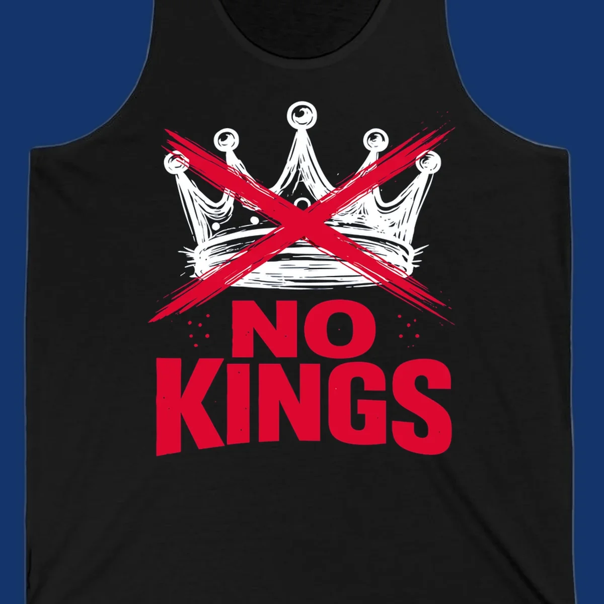 A distressed white or blue crown with a red X over it and the red text 'NO KINGS' below, representing the no-kings-crown-crossed concept.