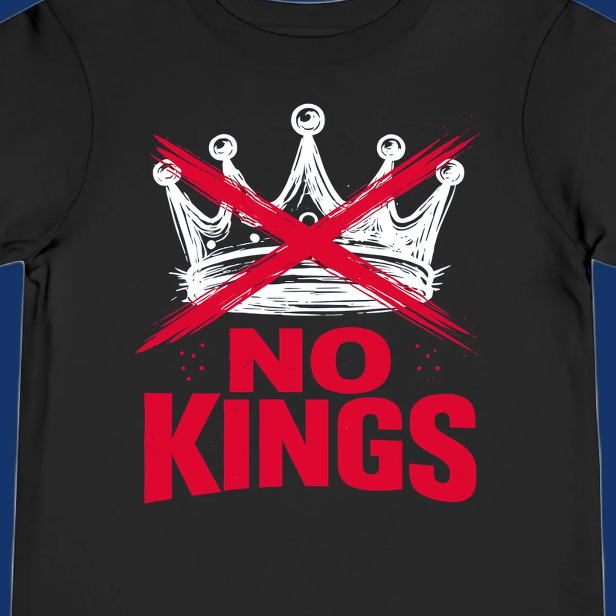 A distressed white or blue crown with a red X over it and the red text 'NO KINGS' below, representing the no-kings-crown-crossed concept.