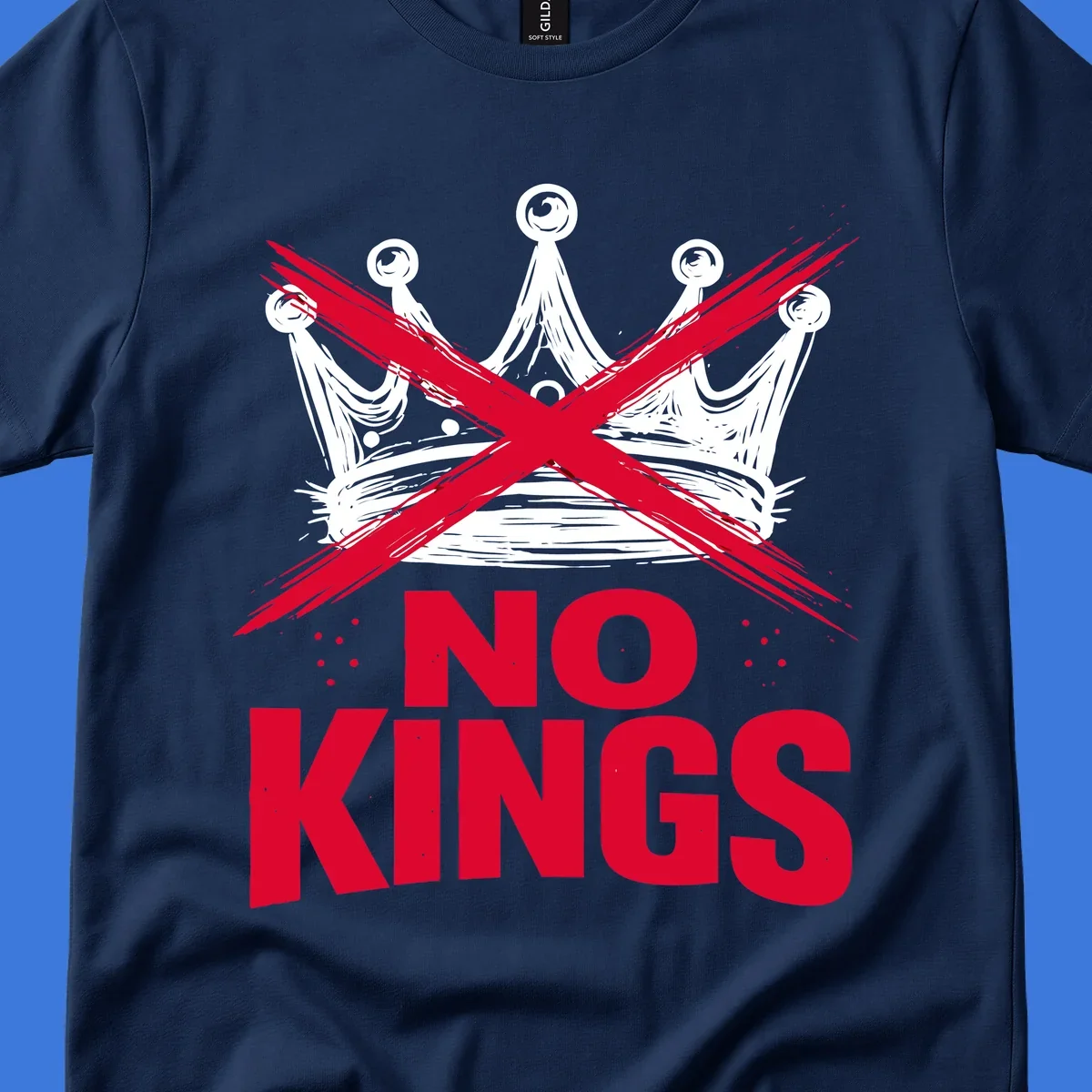A distressed white or blue crown with a red X over it and the red text 'NO KINGS' below, representing the no-kings-crown-crossed concept.