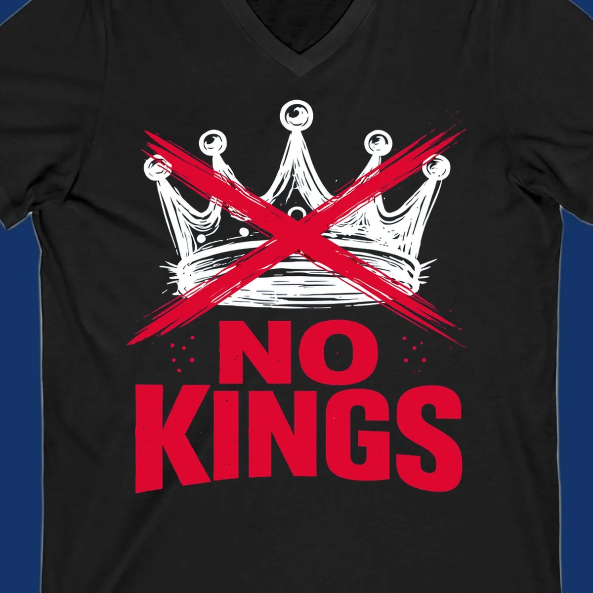 A distressed white or blue crown with a red X over it and the red text 'NO KINGS' below, representing the no-kings-crown-crossed concept.