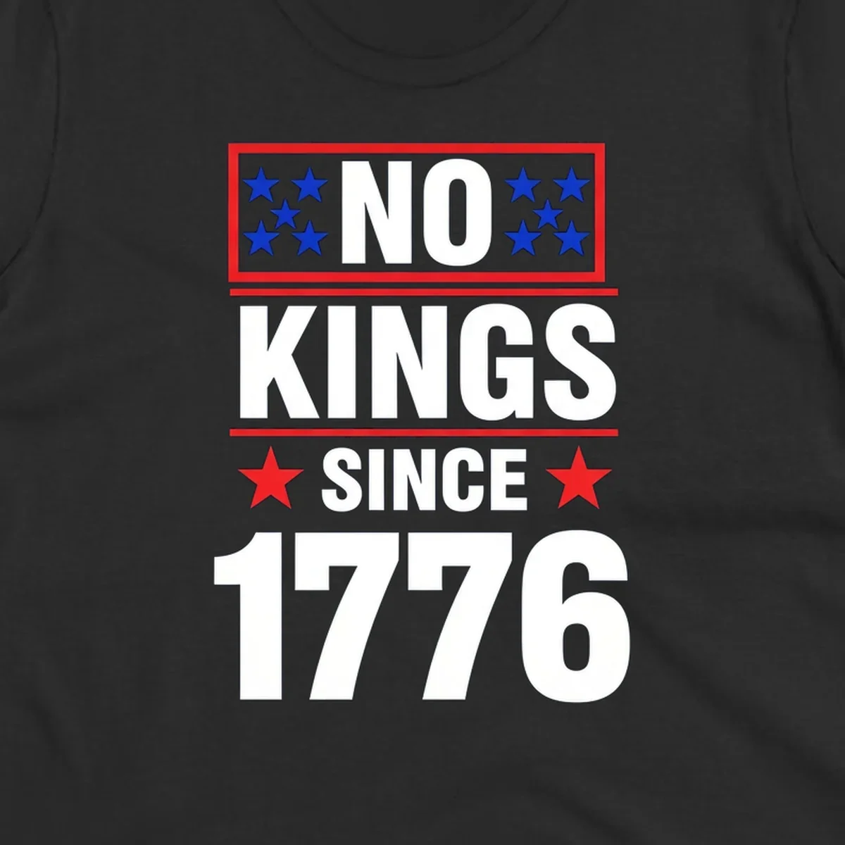 A patriotic design with the text 'NO KINGS SINCE 1776' in white and navy, featuring blue and red stars.