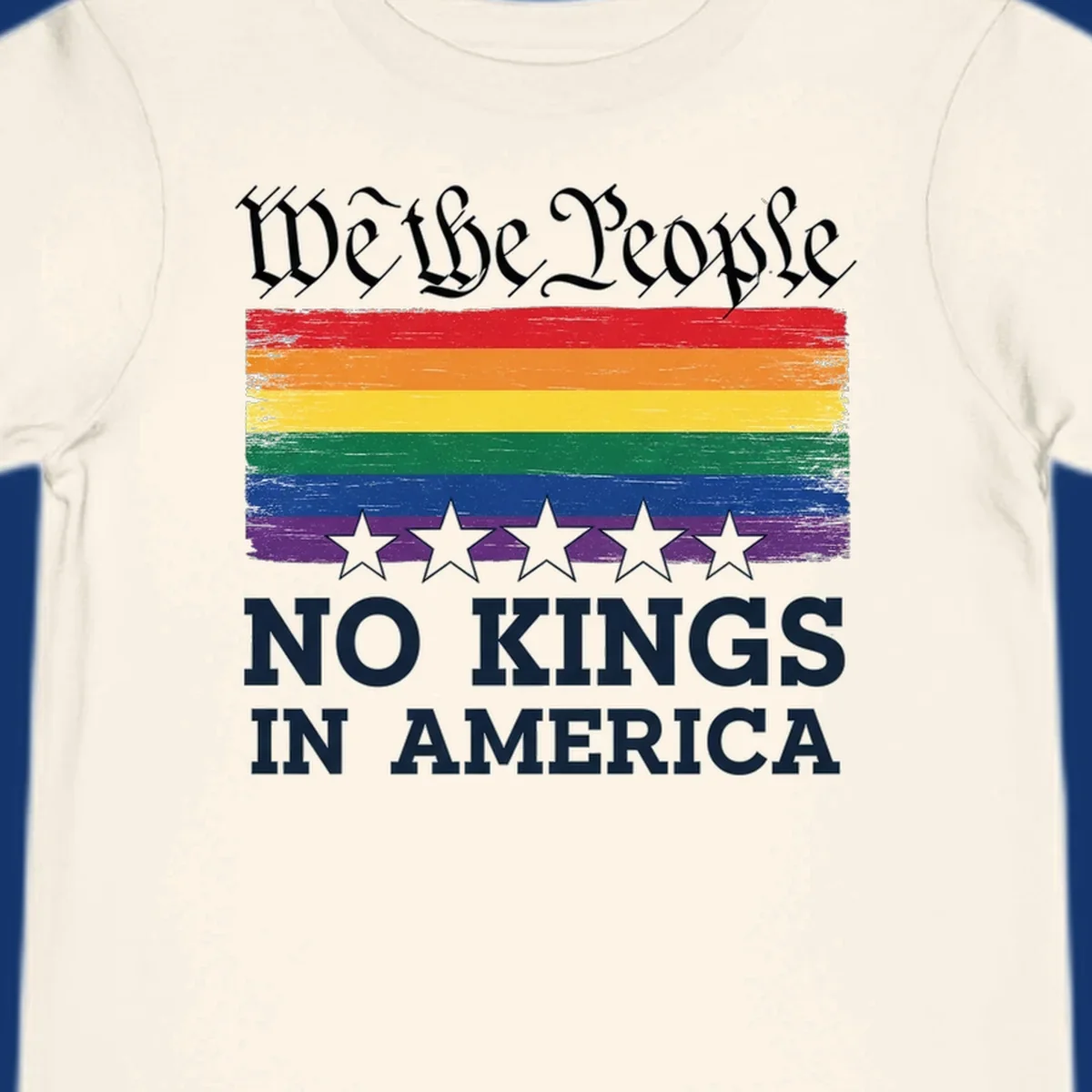 A distressed rainbow flag with five stars, 'We the People' above and 'NO KINGS IN AMERICA' below, symbolizing we-the-people-no-kings-pride.