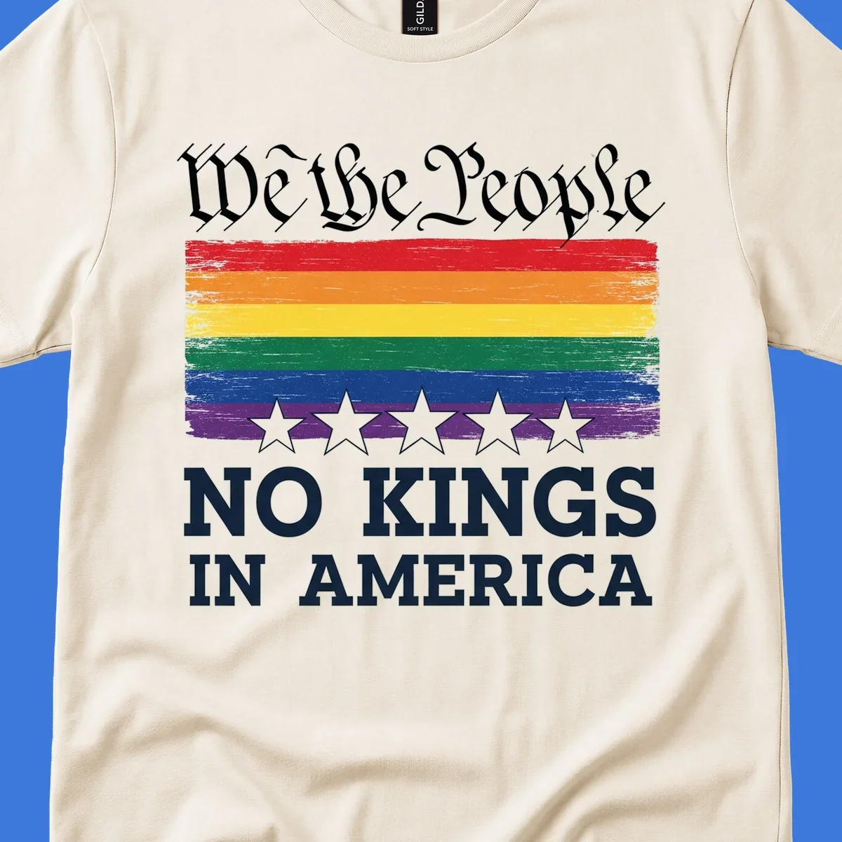 A distressed rainbow flag with five stars, 'We the People' above and 'NO KINGS IN AMERICA' below, symbolizing we-the-people-no-kings-pride.