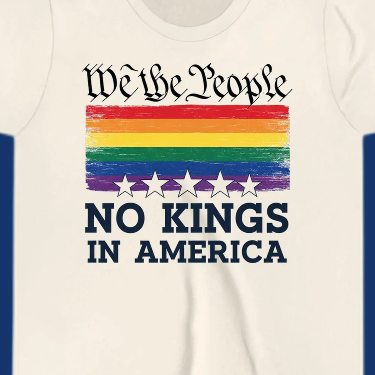 A distressed rainbow flag with five stars, 'We the People' above and 'NO KINGS IN AMERICA' below, symbolizing we-the-people-no-kings-pride.