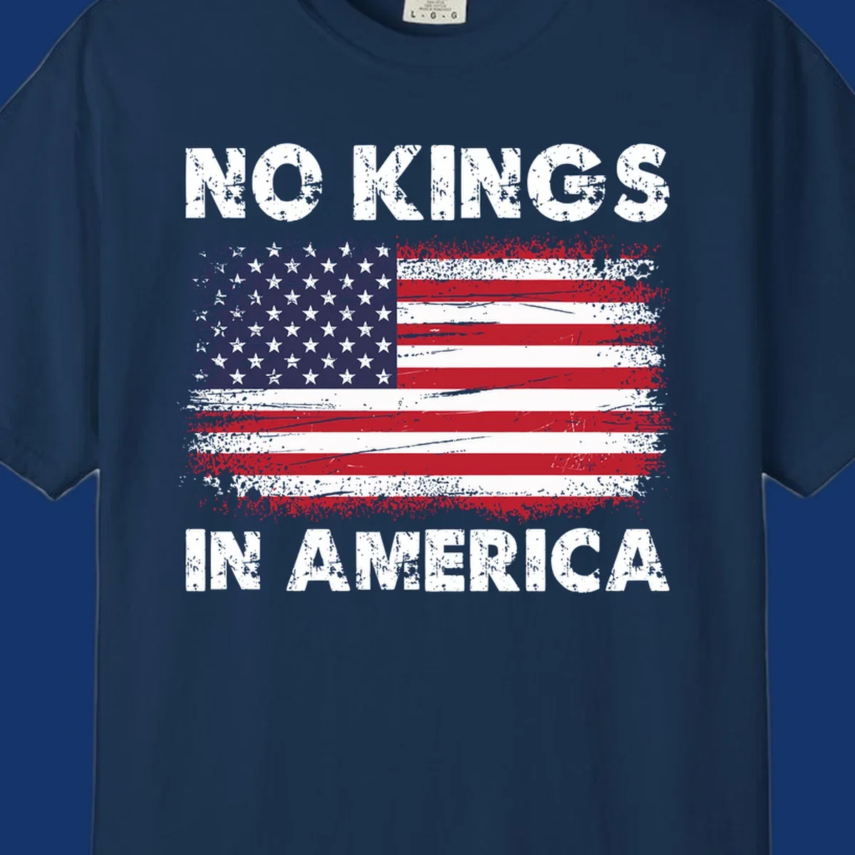 Distressed American flag with 'NO KINGS IN AMERICA' text, a patriotic no-kings-america-flag design.