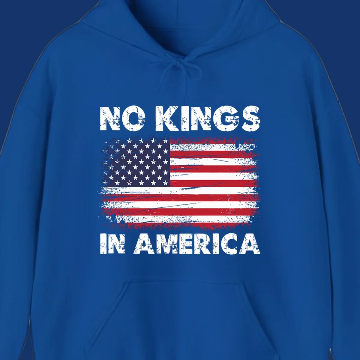 Distressed American flag with 'NO KINGS IN AMERICA' text, a patriotic no-kings-america-flag design.