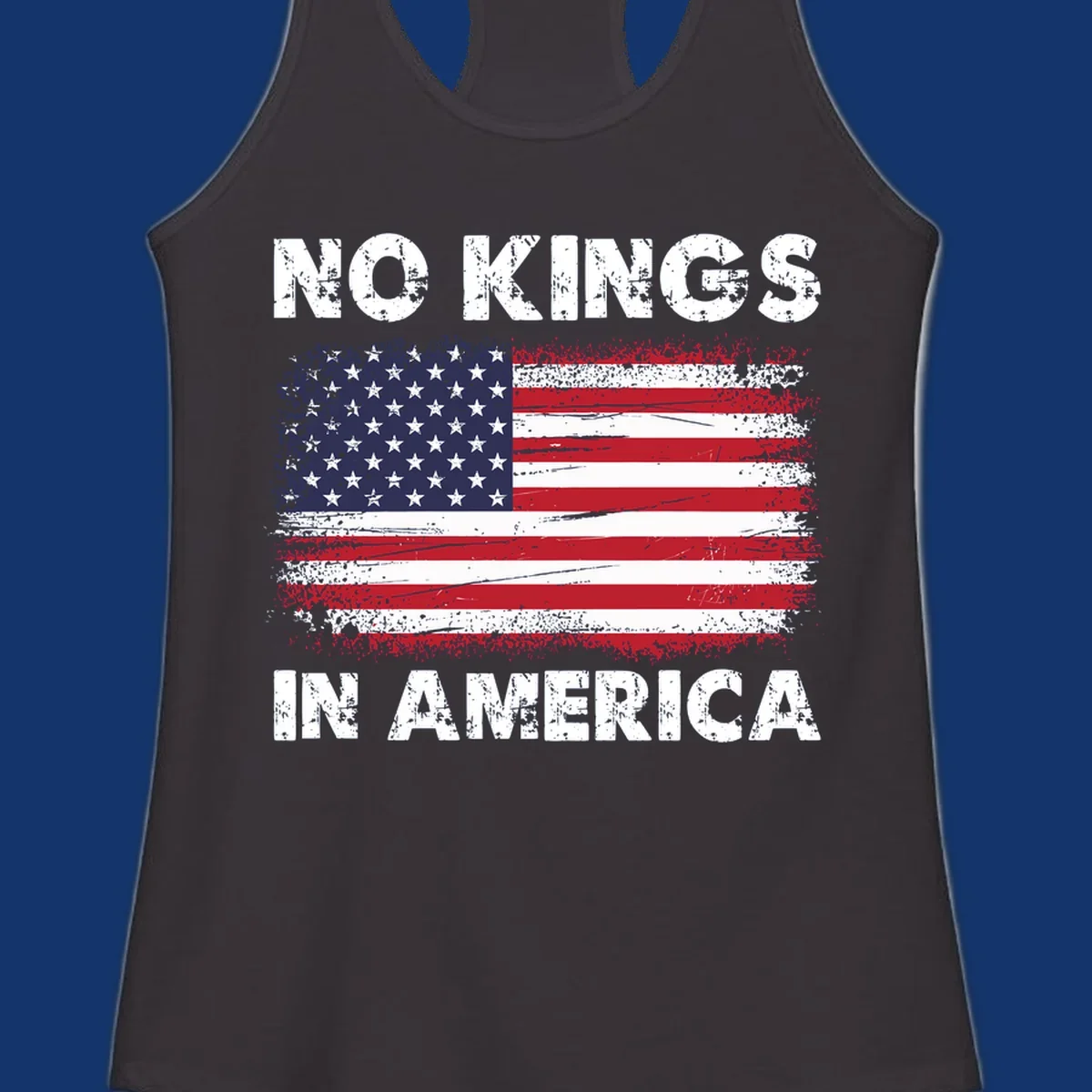 Distressed American flag with 'NO KINGS IN AMERICA' text, a patriotic no-kings-america-flag design.