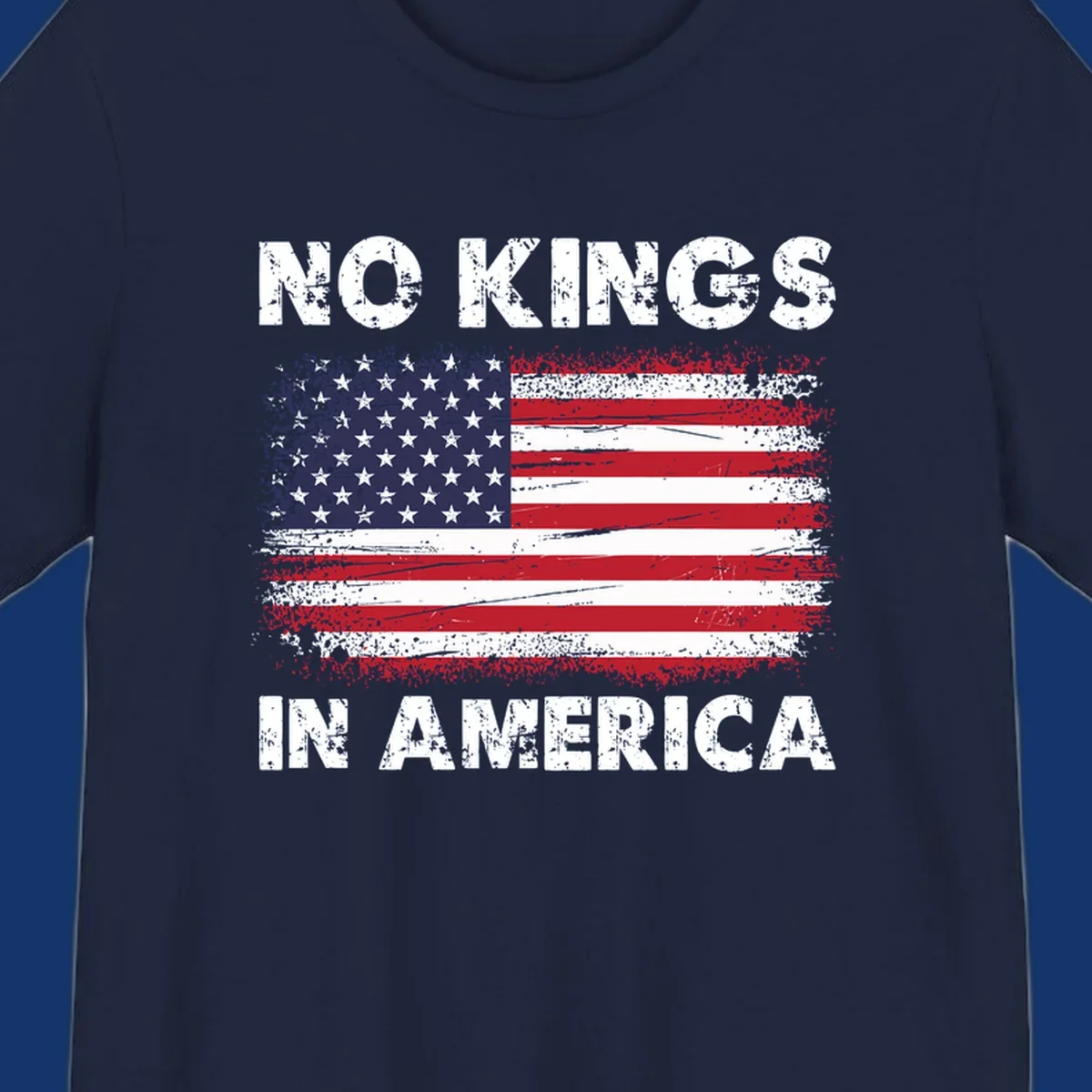 Distressed American flag with 'NO KINGS IN AMERICA' text, a patriotic no-kings-america-flag design.