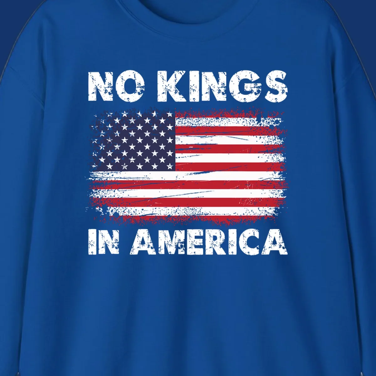 Distressed American flag with 'NO KINGS IN AMERICA' text, a patriotic no-kings-america-flag design.
