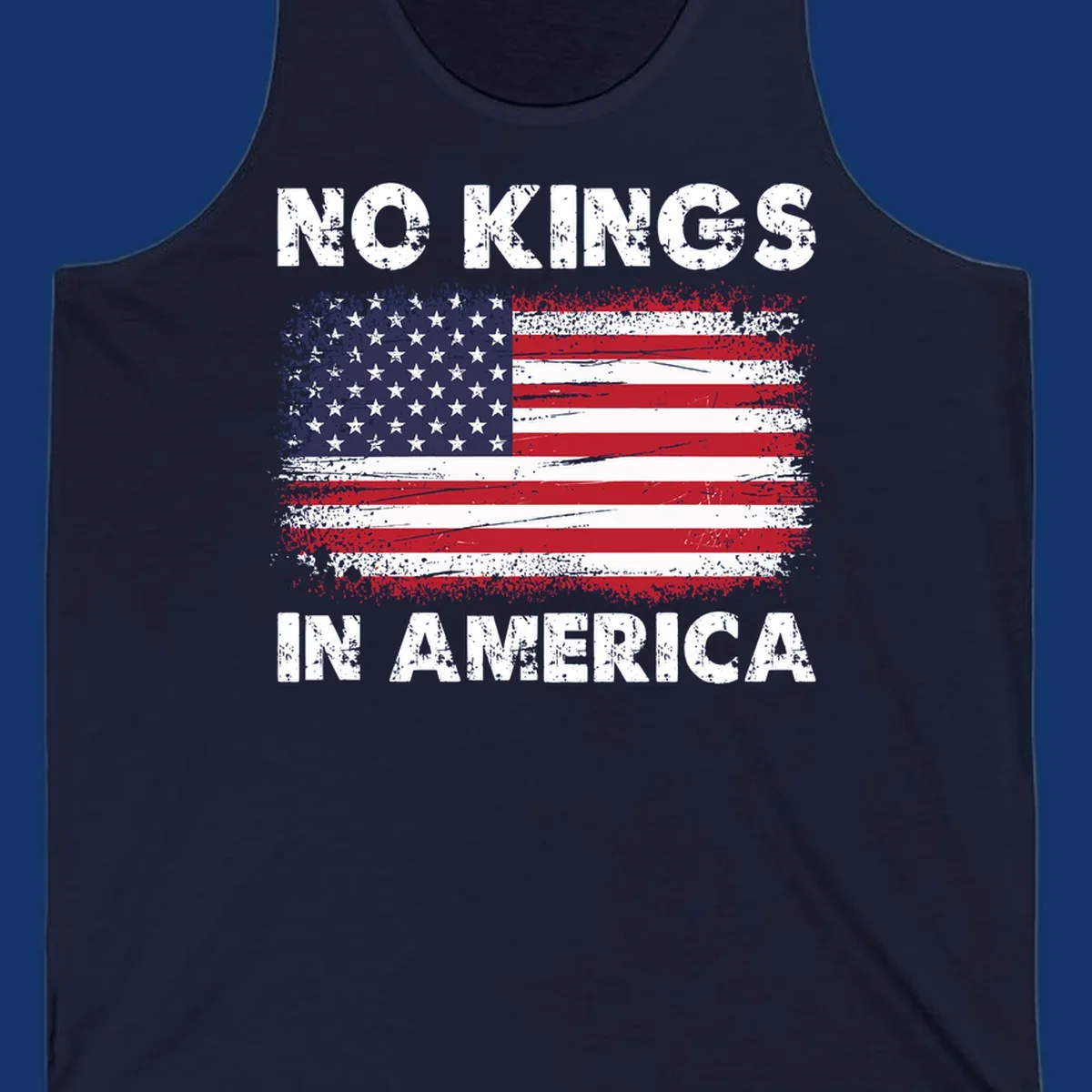 Distressed American flag with 'NO KINGS IN AMERICA' text, a patriotic no-kings-america-flag design.
