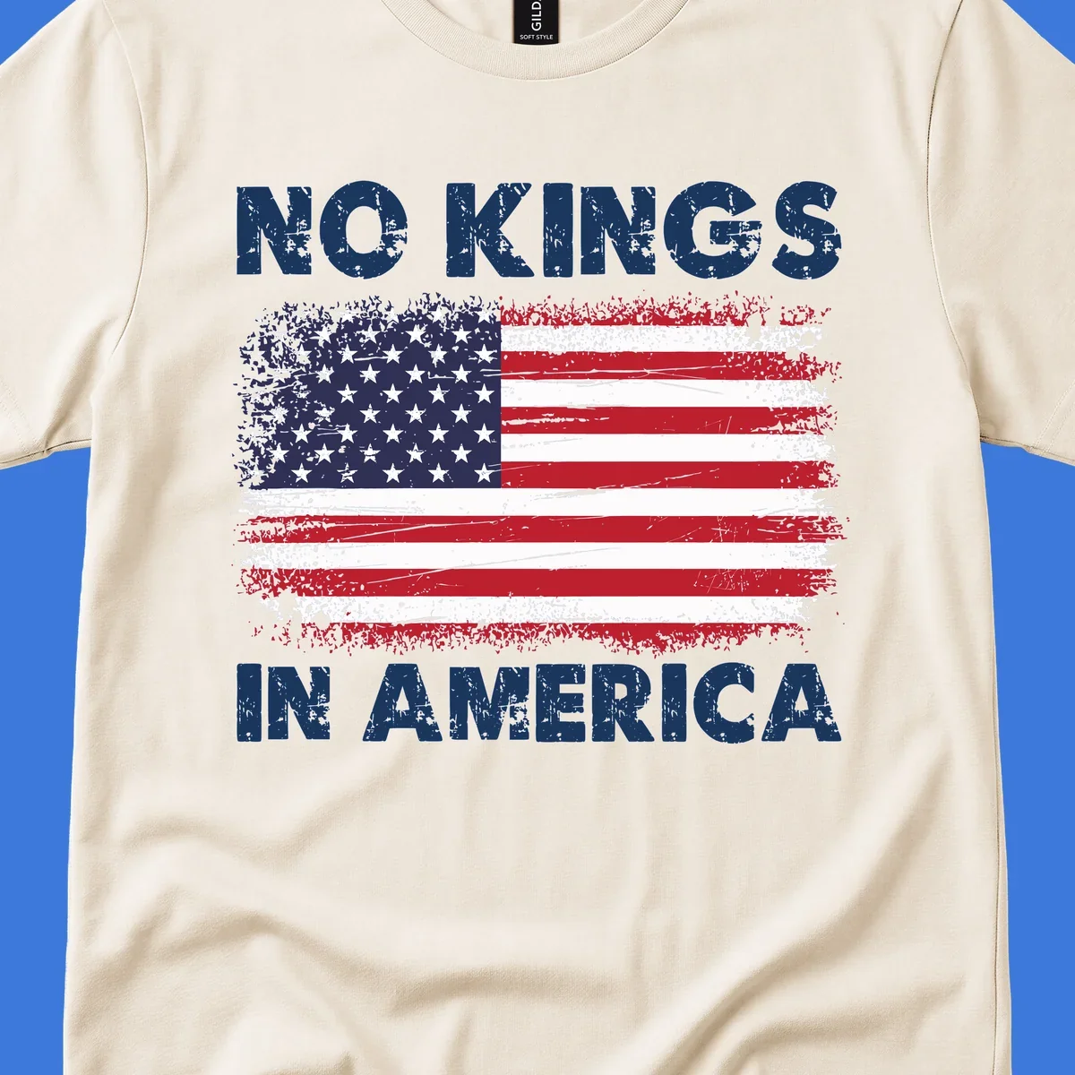 Distressed American flag with 'NO KINGS IN AMERICA' text, a patriotic no-kings-america-flag design.
