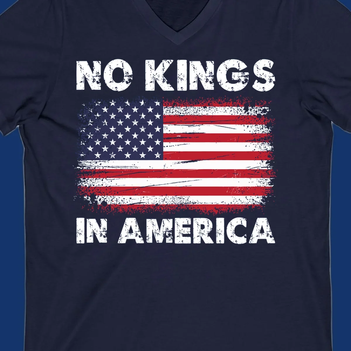 Distressed American flag with 'NO KINGS IN AMERICA' text, a patriotic no-kings-america-flag design.