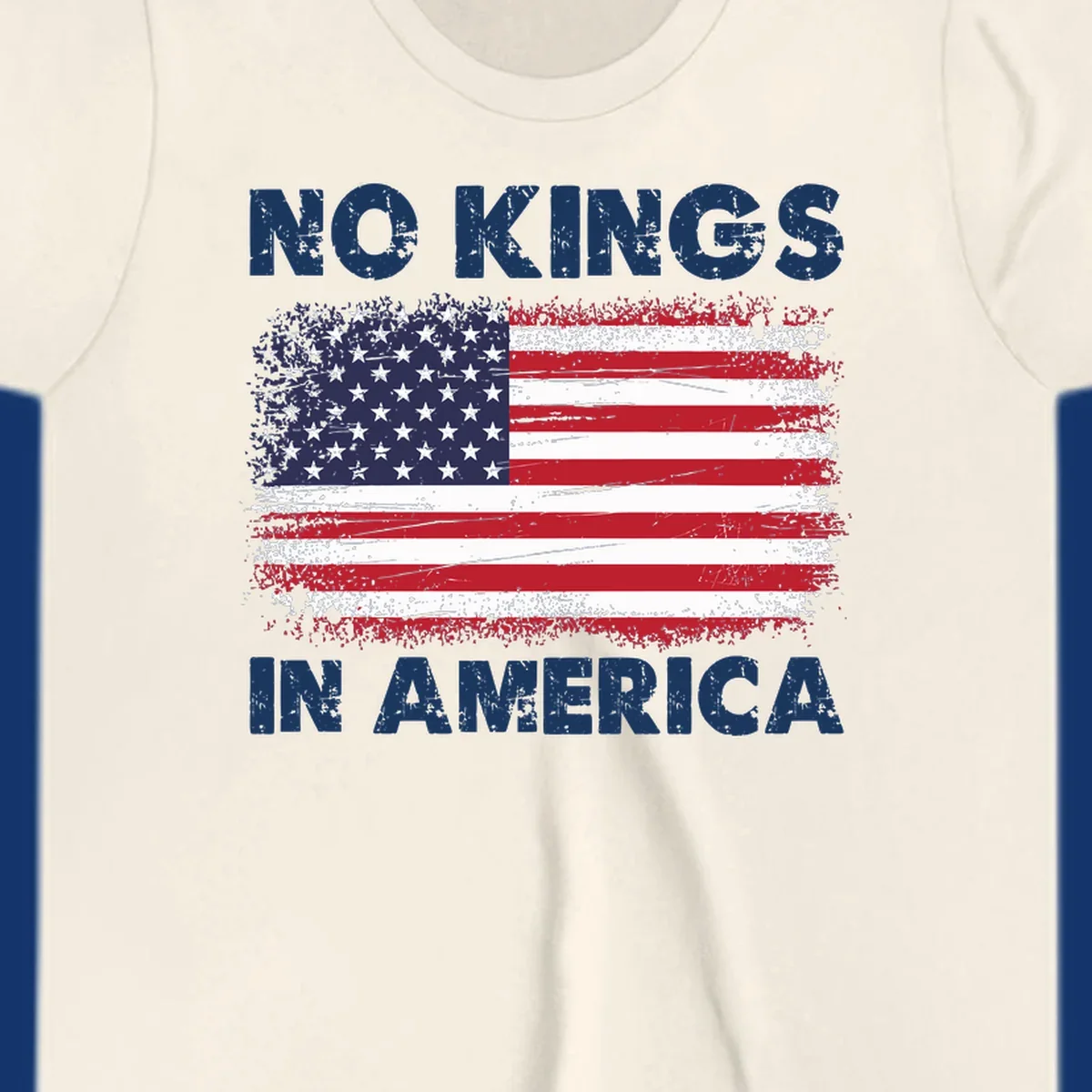 Distressed American flag with 'NO KINGS IN AMERICA' text, a patriotic no-kings-america-flag design.