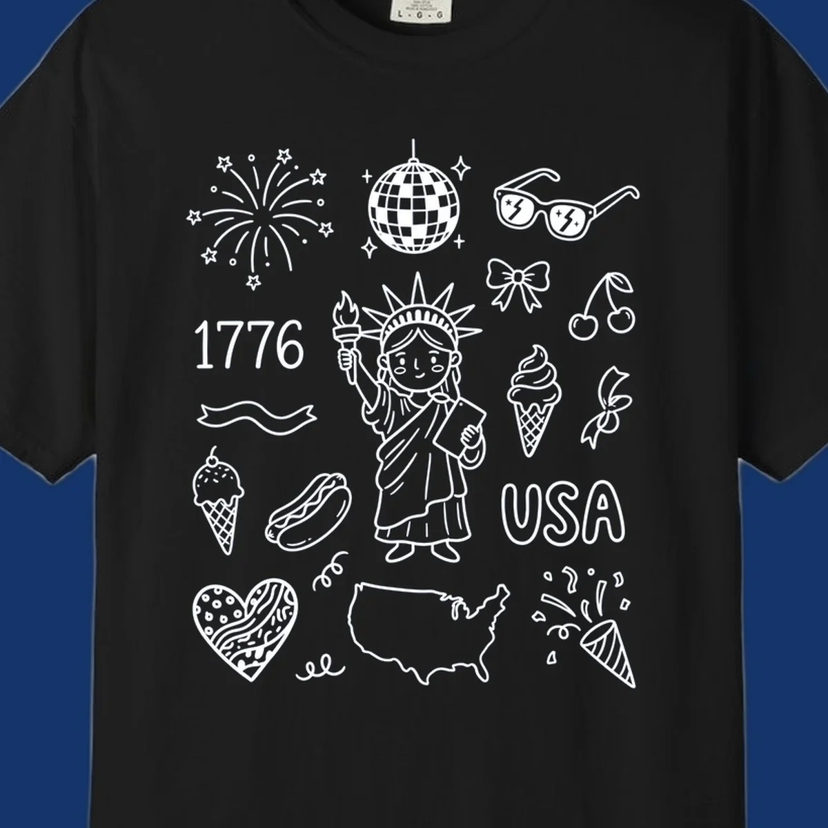 A collection of patriotic doodle icons including the Statue of Liberty, fireworks, USA map, and '1776' text, representing patriotic doodle icons.