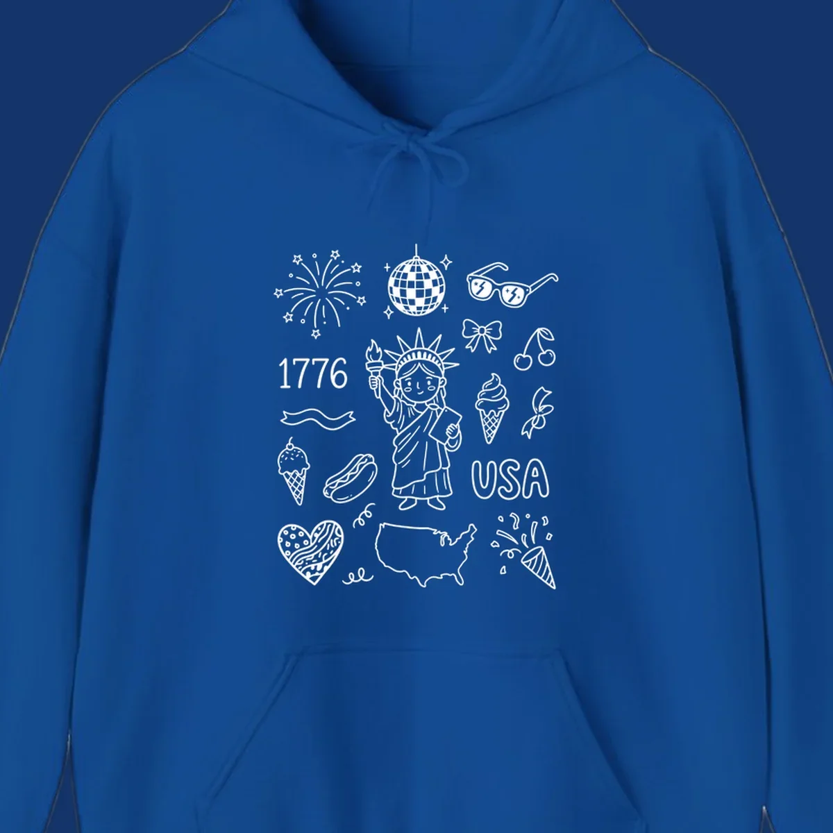 A collection of patriotic doodle icons including the Statue of Liberty, fireworks, USA map, and '1776' text, representing patriotic doodle icons.