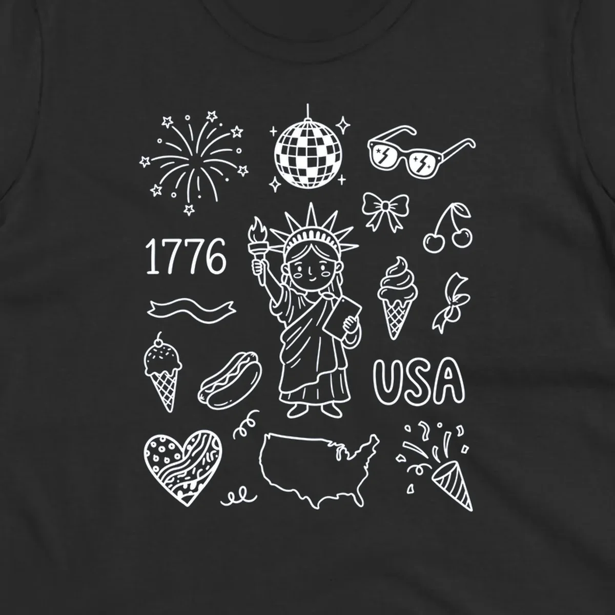 A collection of patriotic doodle icons including the Statue of Liberty, fireworks, USA map, and '1776' text, representing patriotic doodle icons.