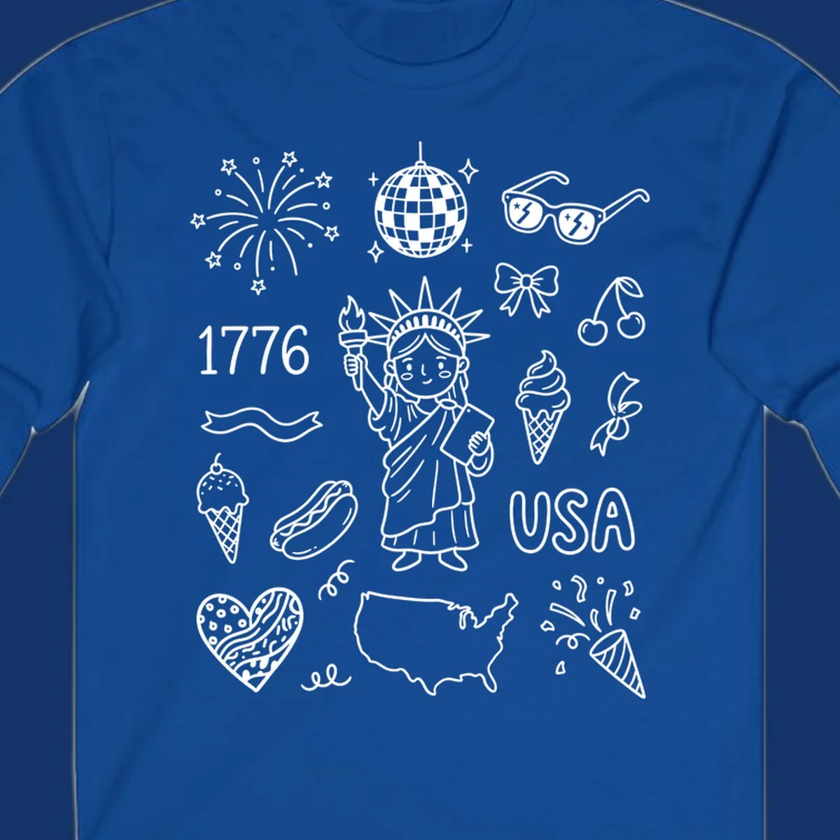 A collection of patriotic doodle icons including the Statue of Liberty, fireworks, USA map, and '1776' text, representing patriotic doodle icons.