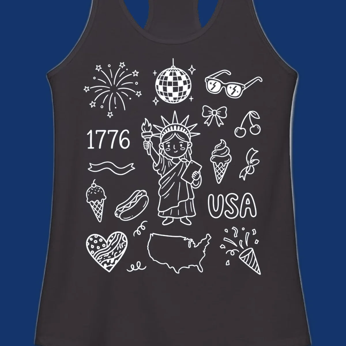 A collection of patriotic doodle icons including the Statue of Liberty, fireworks, USA map, and '1776' text, representing patriotic doodle icons.