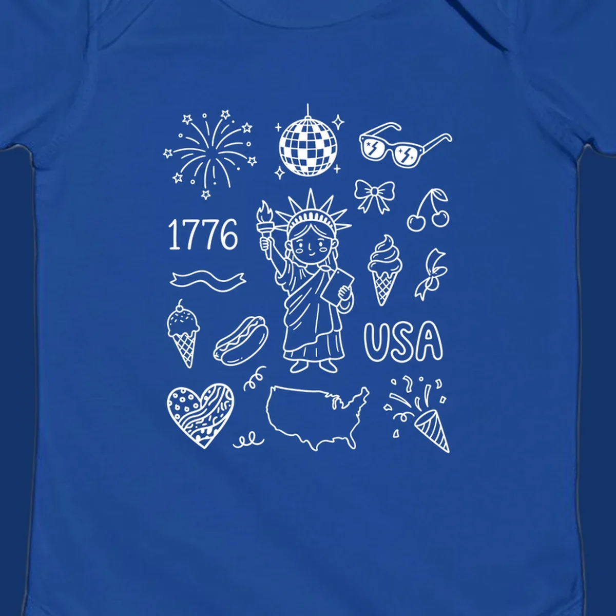 A collection of patriotic doodle icons including the Statue of Liberty, fireworks, USA map, and '1776' text, representing patriotic doodle icons.