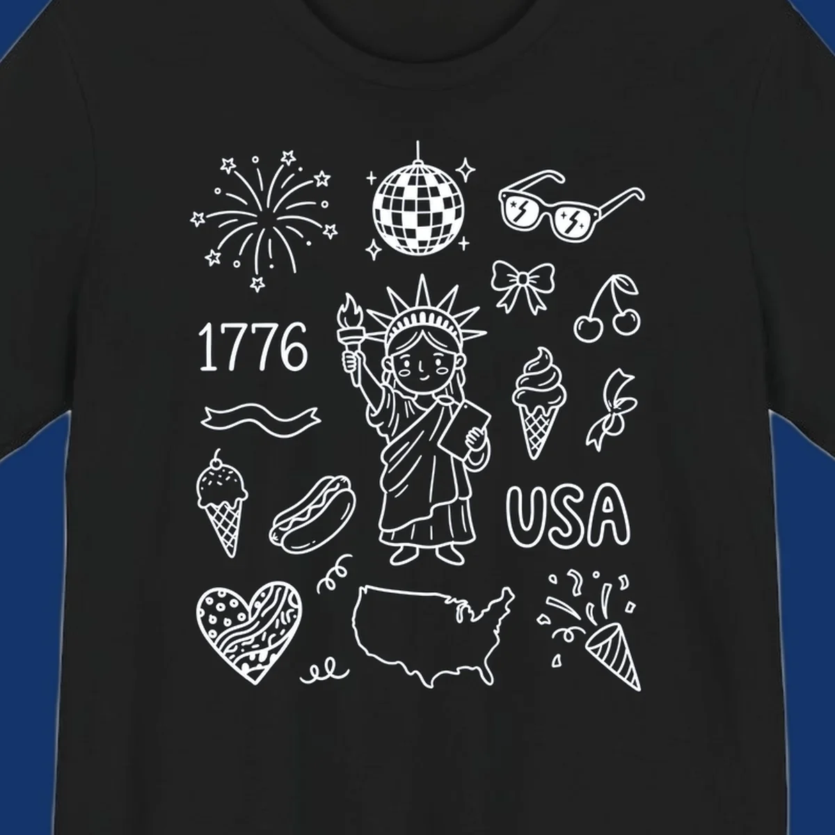 A collection of patriotic doodle icons including the Statue of Liberty, fireworks, USA map, and '1776' text, representing patriotic doodle icons.
