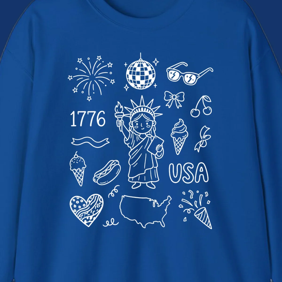 A collection of patriotic doodle icons including the Statue of Liberty, fireworks, USA map, and '1776' text, representing patriotic doodle icons.