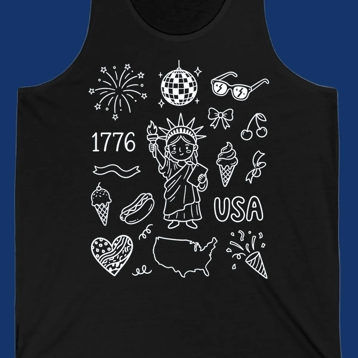 A collection of patriotic doodle icons including the Statue of Liberty, fireworks, USA map, and '1776' text, representing patriotic doodle icons.
