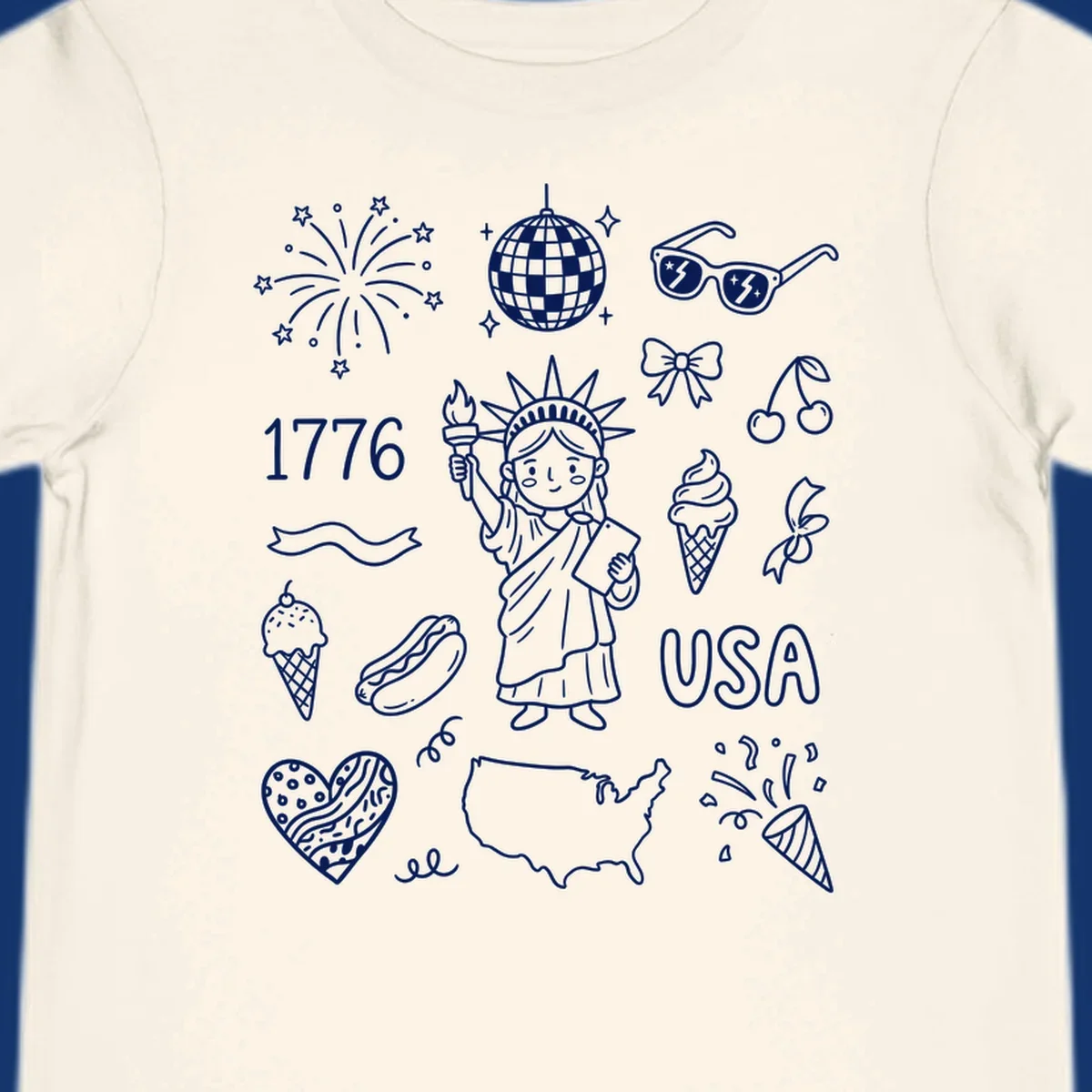A collection of patriotic doodle icons including the Statue of Liberty, fireworks, USA map, and '1776' text, representing patriotic doodle icons.