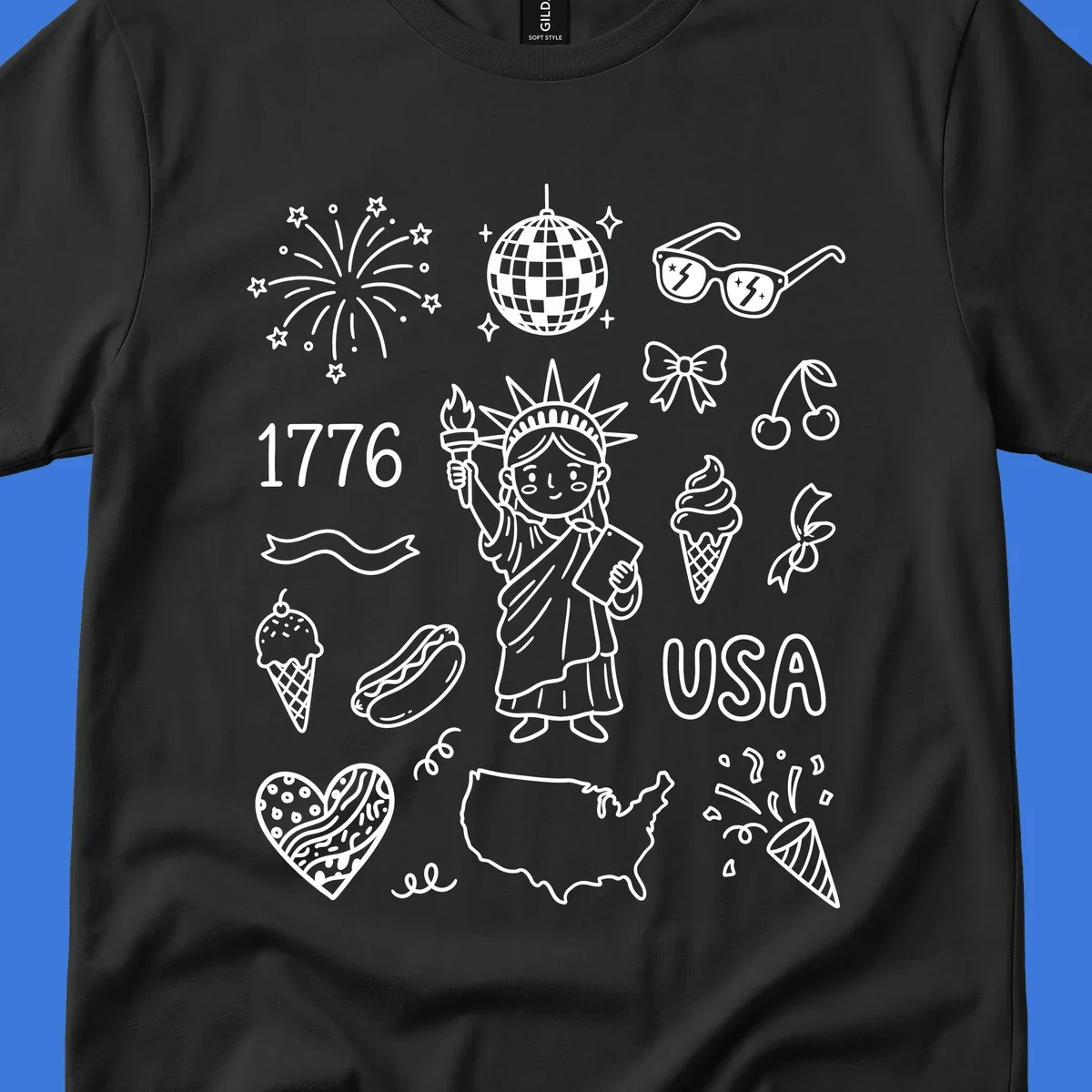 A collection of patriotic doodle icons including the Statue of Liberty, fireworks, USA map, and '1776' text, representing patriotic doodle icons.